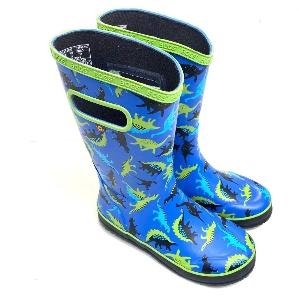 Bogs Paddle at Dino Dinosaurs Print Knee high Rain Boot Blue Size 4 Youth NWOT
